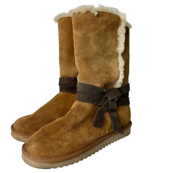 Ugg Boots Rozalia Koolaburra Tie Shearling Suede Leather Tall Chestnut Brown 8 - Picture 1 of 12